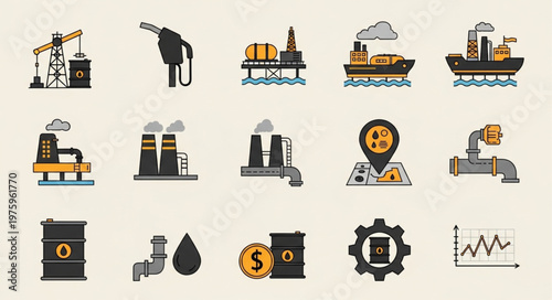 Oil and Gas Industry Icons - Production, Transportation, and Market Trends.