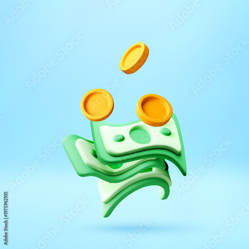 3d illustration of paper money and gold coins flying in air. Financial growth and wealth concept. Electronic payment and business saving symbol. Digital finance and banking icon. Vector illustration