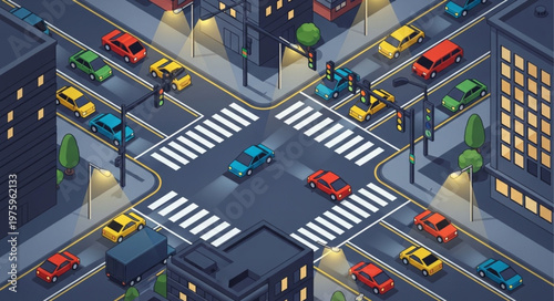 Isometric City Intersection with Cars and Pedestrian Crossings at Night.