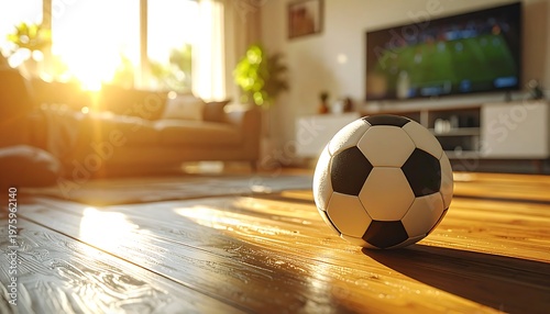 Soccer Ball Close-Up on Wooden Floor with Sunlight
