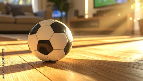 Soccer Ball Close-Up on Wooden Floor with Sunlight