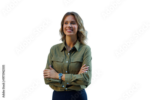 Canvastavla Young woman smiling confidently, crossing arms, looking away, in a green shirt,