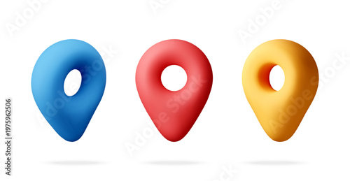 Three colorful 3d map pin icons. Set of glossy location markers for navigation system. Digital map point symbols for travel destination and global positioning software application. Vector illustration