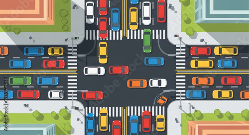 Aerial View of Busy City Intersection with Cars and Pedestrians.