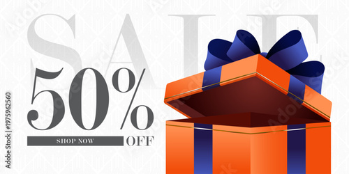 Modern 50% Off Sale Banner with Open Orange Gift Box. Vector illustration.