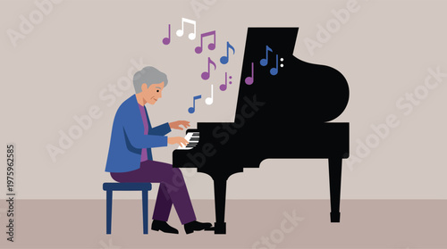 Man playing a grand piano with musical notes floating around him.