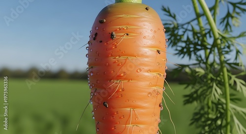 Fresh Carrot with Water Drops and Green Leaves