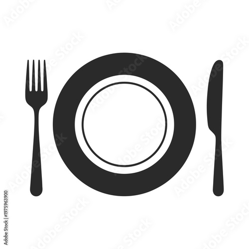 Place setting icon in minimal style, featuring plate, fork, and knife, representing dinner, lunch, hospitality, restaurant, and tableware concept.