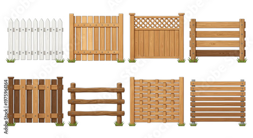 Different wooden and white picket fence designs. Ideal for garden landscaping, property borders, and enhancing backyard aesthetics