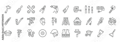 Repair Tools Icon set Collection in Line Style. hammer, screwdriver, wrench, mechanic, toolkit, maintenance, service