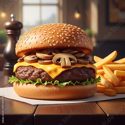 Delicious cheeseburger with mushrooms and fries on wooden table