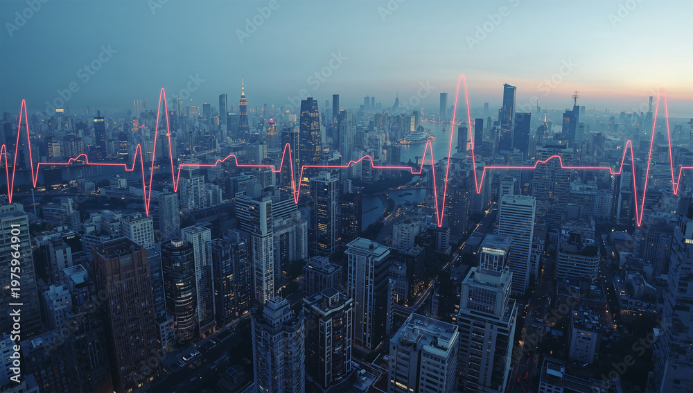 Fototapeta premium 複数の心電図波形が重なり都市の輪郭になるパノラマ夜景