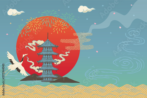 Background illustration with Japanese traditional motifs, Japanese pagoda and crane bird, fireworks, red sun.