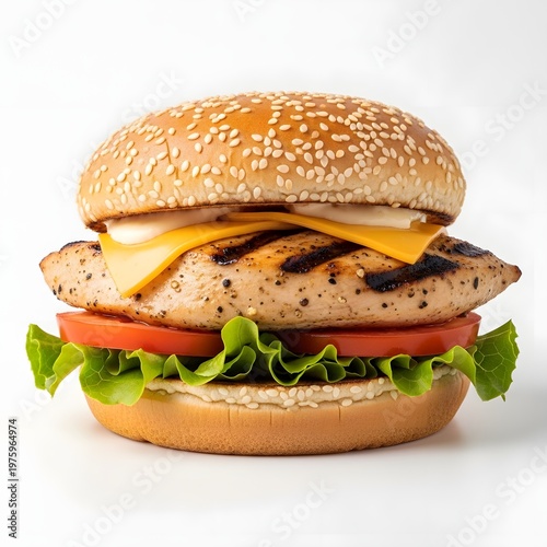 grilled chicken cheeseburger with lettuce and tomato on white background