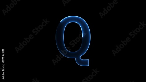 Glowing neon letter 'Q' symbol, a shiny light font illustration on a black background English alphabet education type word writing letter text effect smooth footage sign symbol with black background