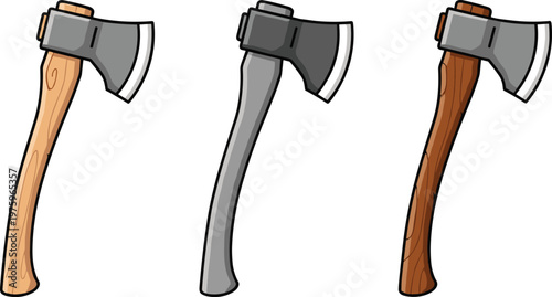 Axe Tool Illustration Icon Set with Different Wooden and Metal Handles for Woodcutting Forestry Work and Construction Design Collection