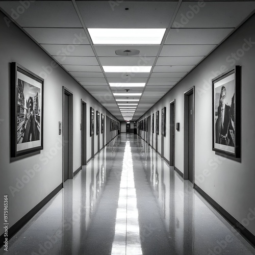 Monochrome Hallway Perspective with Framed Pictures and Recessed Lighting.