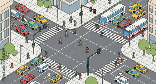 Isometric City Intersection with Cars, Buses, and Pedestrians.