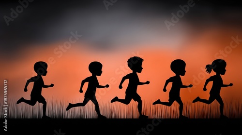 Silhouette of Playful Minds: Silhouette of children running with vibrant sunset as backdrop. A heartwarming scene of kids in silhouette.
