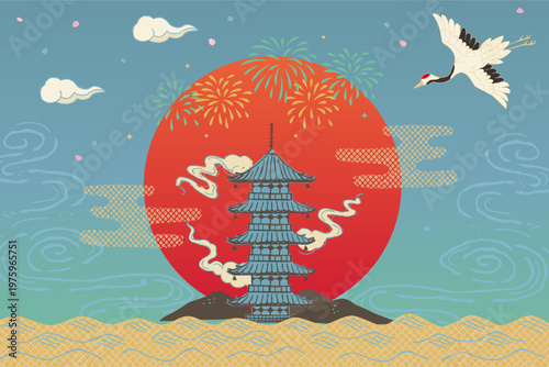 Background illustration with Japanese traditional motives, Japanese pagoda and crane bird, fireworks, red sun.