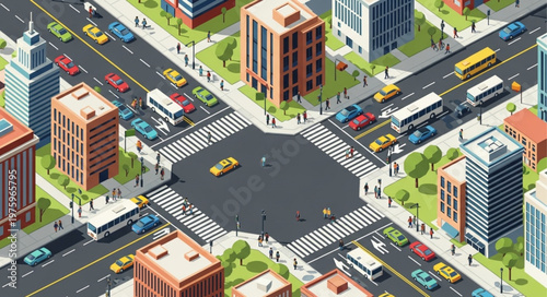 Isometric Cityscape Illustration - Busy Intersection with Cars and Pedestrians.