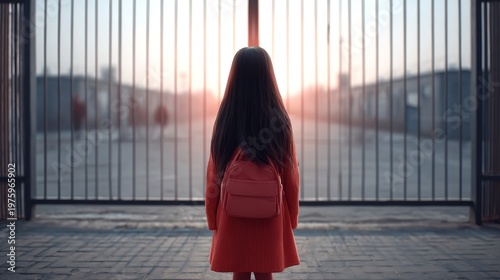 Journey's Gate: A child stands before a monumental gate, bathed in the soft glow of dawn, carrying a backpack, poised on the cusp of an adventure or journey.