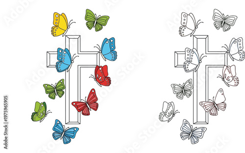 Christian Cross with Colorful Butterflies and Black and White Outline for Coloring Page, Religious Symbolism, Resurrection and Transformation Concept Vector Illustration