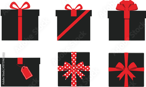 Black Gift Box Icon Set with Red Ribbon and Bow Decorations for Holiday Celebration Birthday Present and Festive Design Collection
