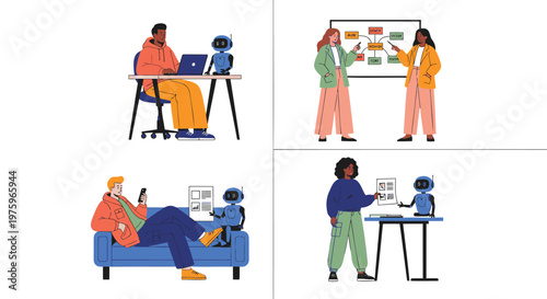 Remote work, office collaboration, people icons, vector illustrations, flat design