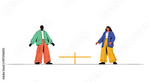 Vector illustration of two people playing tug of war, colorful characters, playful scene, conflict concept