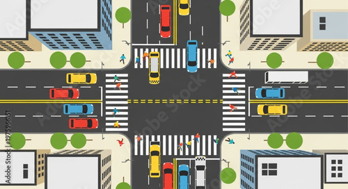 Aerial View of a Busy City Intersection with Cars.