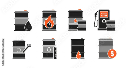Oil Industry Icons - Barrels, Gas Pump, and Financial Symbol.