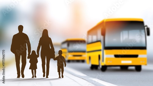 Family Adventure with School Bus: A silhouette family of four embarks on a journey alongside a yellow school bus, symbolizing travel and new experiences.