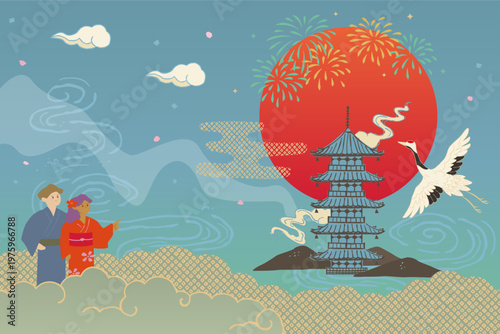 Background illustration with Japanese traditional motives, Japanese pagoda and crane bird, fireworks, red sun.
