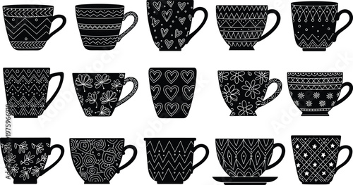 Coffee Cup Silhouette Icon Set with Decorative Patterned Mugs and Teacups for Beverage Cafe Kitchen Design and Minimal Graphic Collection