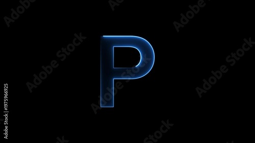 Glowing neon letter 'P' symbol, a shiny light font illustration on a black background English alphabet education type word writing letter text effect smooth footage sign symbol with black background