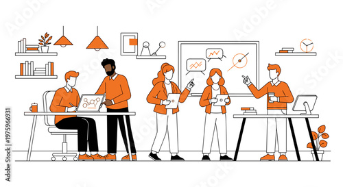 Team of people in orange hoodies brainstorming ideas in modern office with white furniture and minimalist decor in bright lighting for business and teamwork