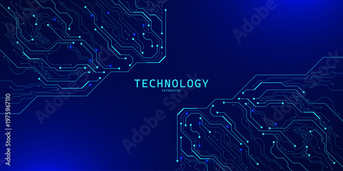 Blue circuit board components on dark blue background. Digital technology concept with futuristic electronic lines connection. Design for web banner and presentation. Vector illustration