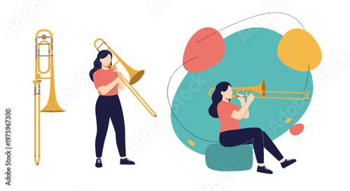 Various illustrations of a female musician playing the trombone in different poses and against abstract backgrounds.