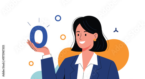Professional business woman in a dark blue suit holding a large blue number zero while smiling against abstract shapes.