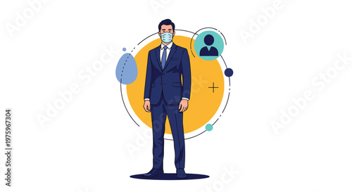 Businessman wearing a protective face mask standing confidently with a profile icon and abstract shapes behind him.