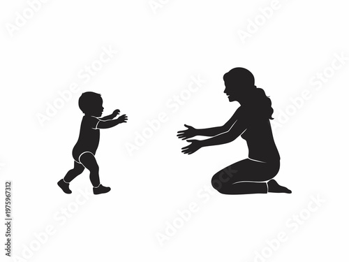 silhouette of a toddler walking towards his mother