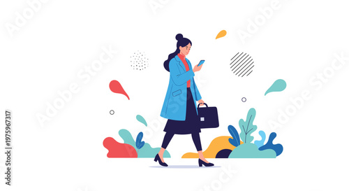 Modern woman walking and checking her mobile phone while carrying a briefcase through a garden of abstract plants.