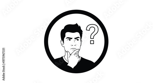 Simple black and white line drawing of a man thinking deeply with a question mark in a circle around his head.