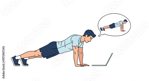 Man practicing push-ups at home while watching an online exercise tutorial on his laptop with a helpful thought bubble.
