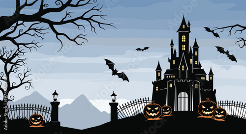 Spooky night scene for Halloween featuring a dark haunted castle, glowing pumpkins, flying bats, and barren trees.