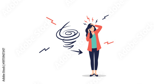 Illustration of a woman experiencing a severe headache or dizziness represented by a tornado and lightning icons.