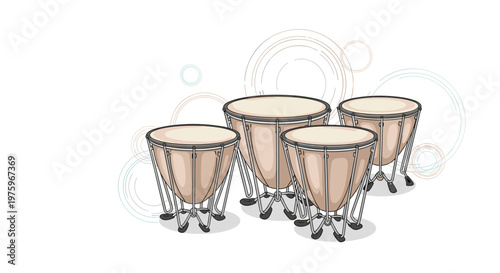 Group of four copper kettledrums also known as timpani arranged together for an orchestral percussion performance.