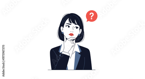 Professional woman in a business suit looking up thoughtfully with a question mark bubble above her head.