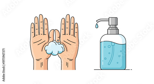 Hygiene illustration showing hands being washed with bubbly soap next to a bottle of blue liquid hand sanitizer.